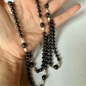 Black Pearl Necklace, white pearl and gold accents, 16”